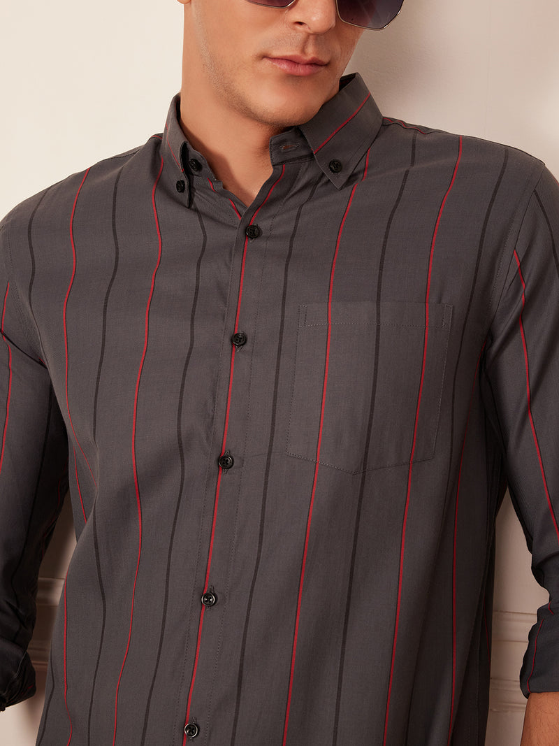 Grey: Full Sleeve Button-Down Collar Striped Shirt