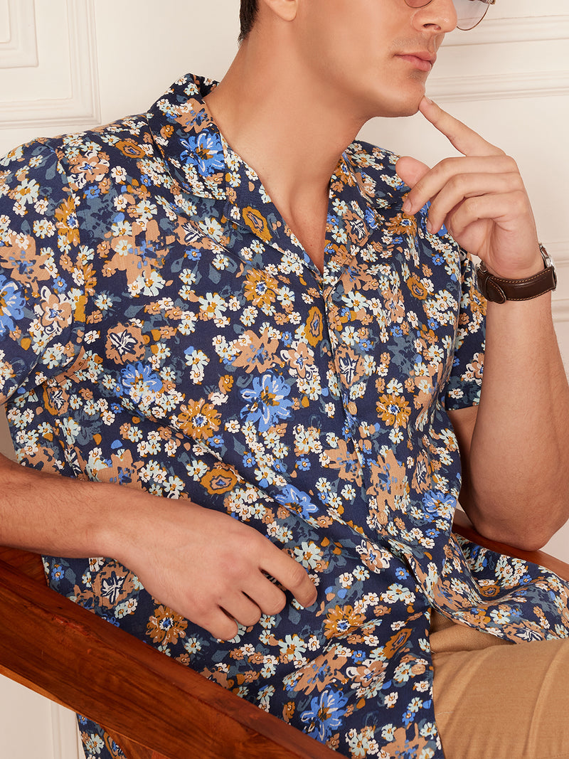 DENNISON Dennison Navy Blue and Beige Color Cuban Collar Shirt