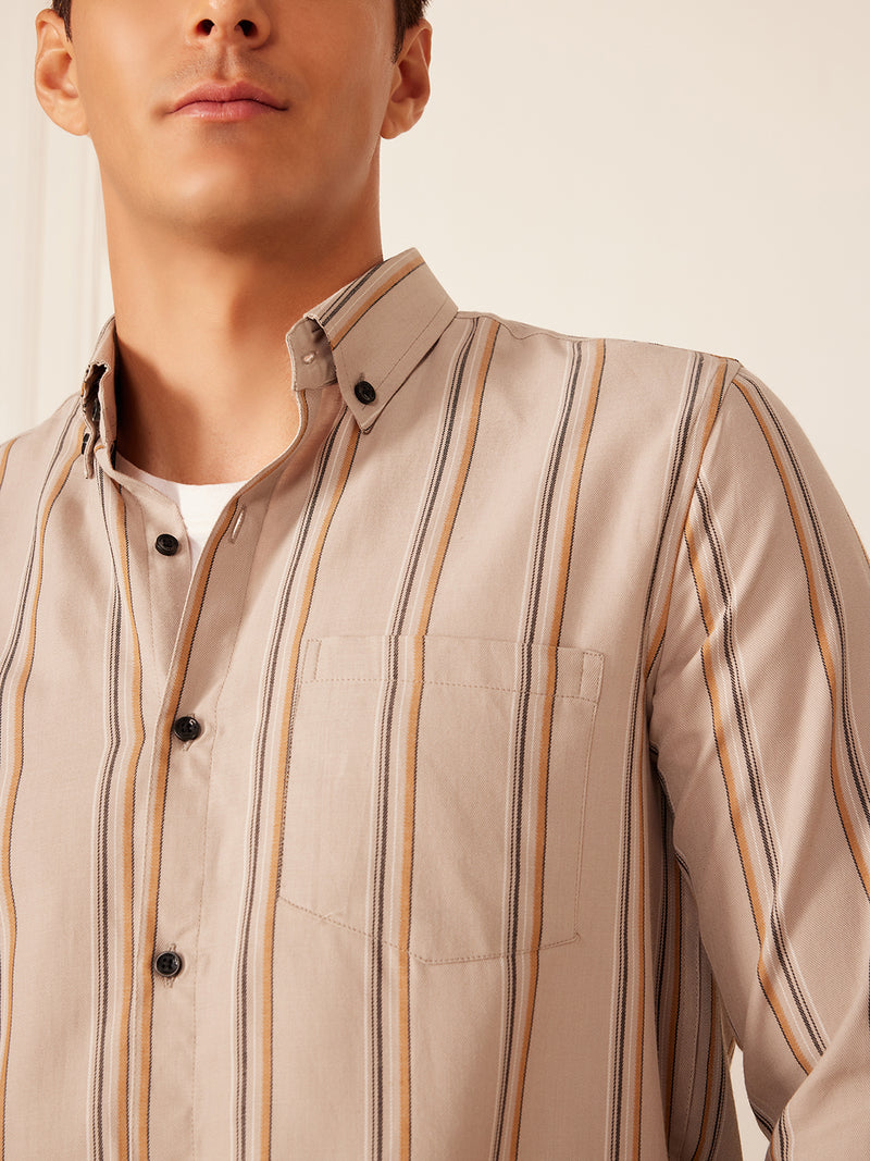 Beige: Full Sleeve Button-Down Collar Striped Shirt