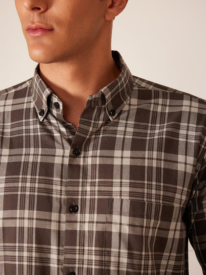 DENNISON Smart Tartan Checked Button-Down Collar Cotton Casual Shirt