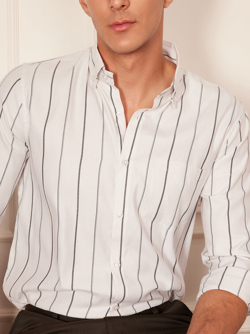 White & Grey: Full Sleeve Button-Down Collar Striped Shirt