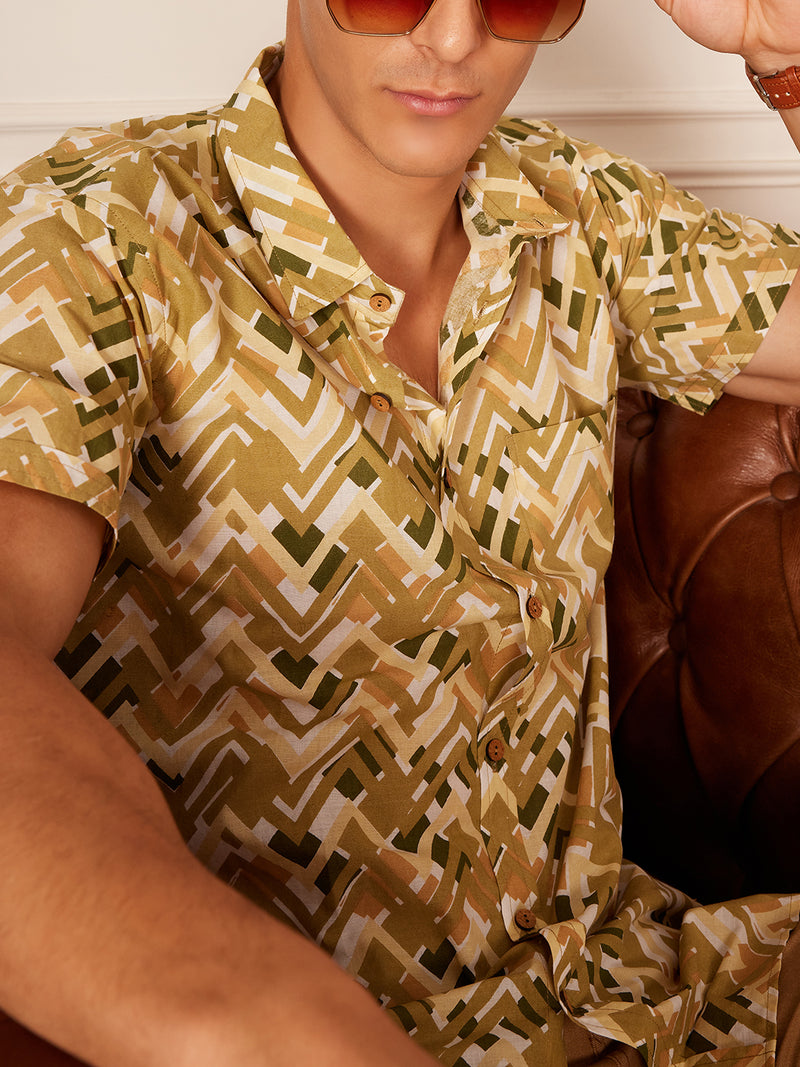 Beige: Half Sleeves Abstract Printed Shirt