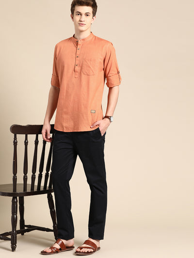 DENNISON Men Mandarin Collar Roll-Up Sleeves Kurta