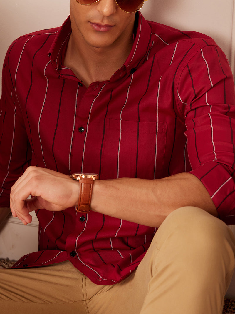 Red: Full Sleeve Button-Down Collar Striped Shirt
