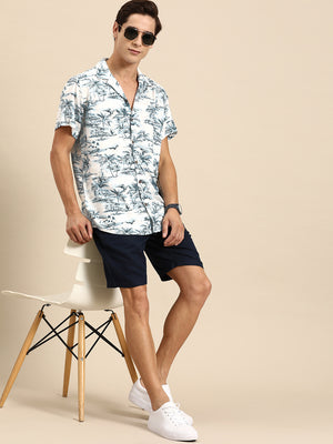 White: Half Sleeves Cuban Collar Casual Floral Printed Shirt