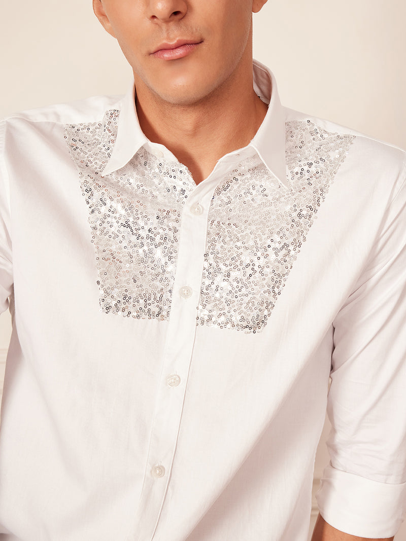 White: Full Sleeves Smart Sequinned Party Shirt