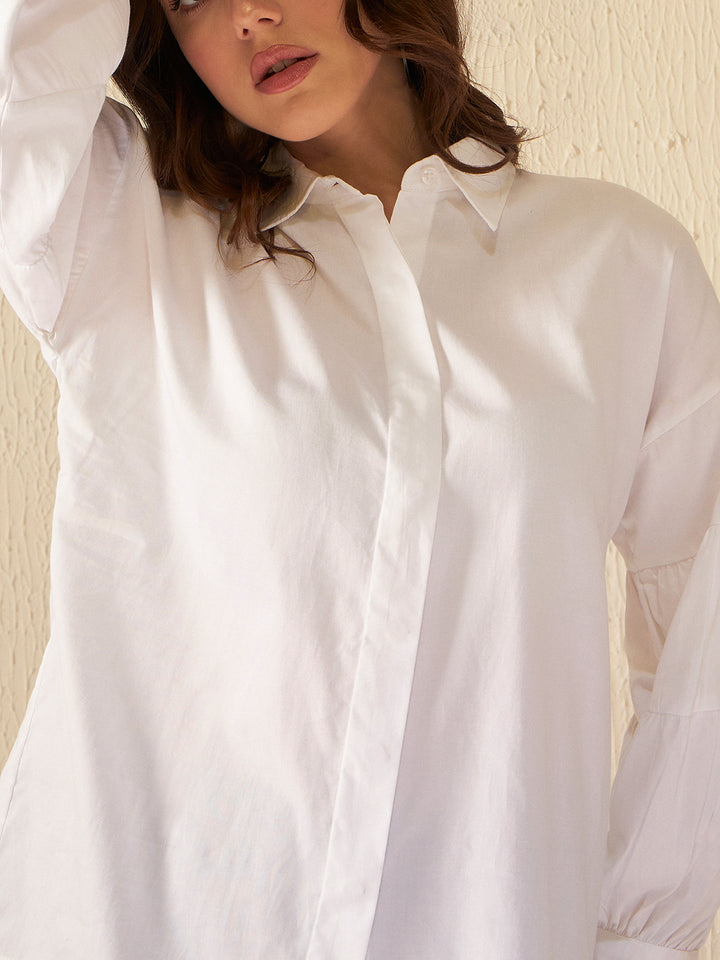 DENNISON White Smart Opaque Puff Sleeves Casual Shirt