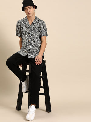 Cream & Black: Half Sleeves Cuban Collar Abstract Printed Shirt