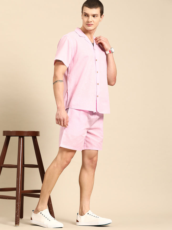Dennison Solid Cuban Collar Comfort Fit Shirt With Shorts Co-ords