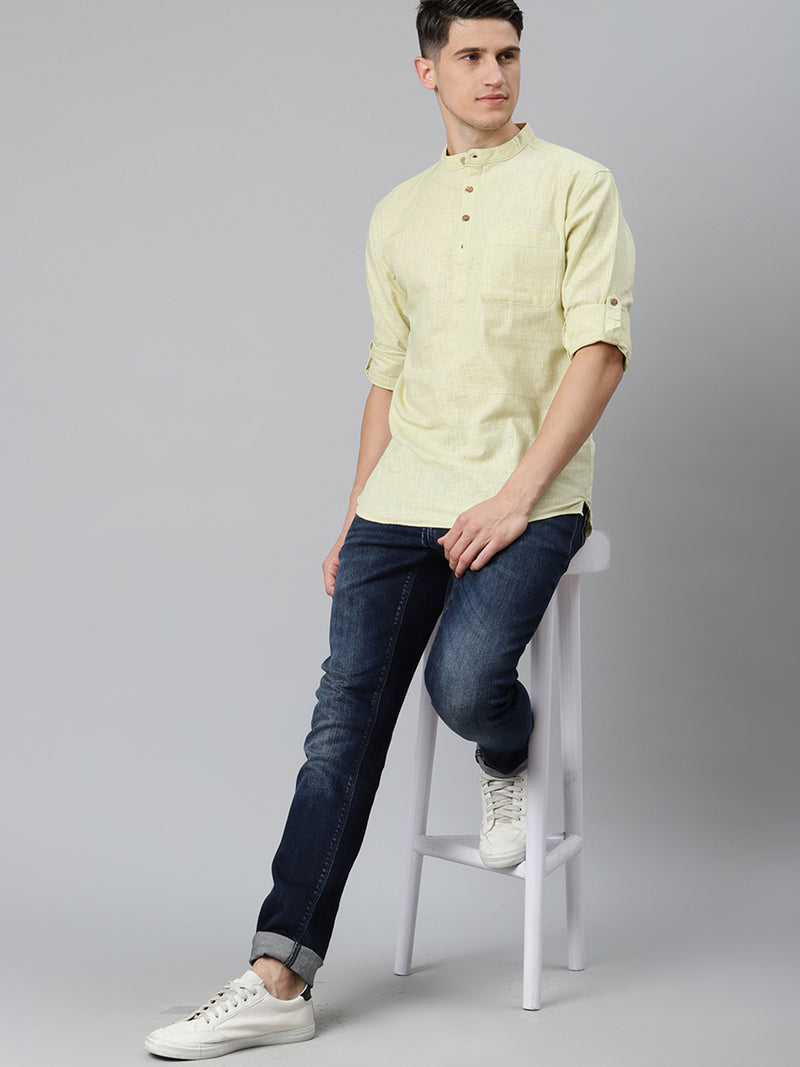 Lime Green: Band Collar Short Kurta