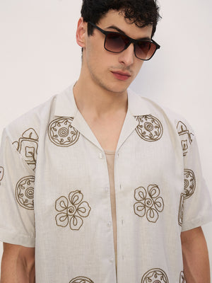 Beige: Half Sleeves Embroidered Shirt