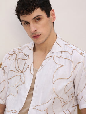 White & Brown: Half Sleeves Embroidered Shirt