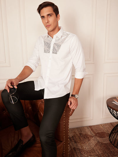 White: Full Sleeves Smart Sequinned Party Shirt