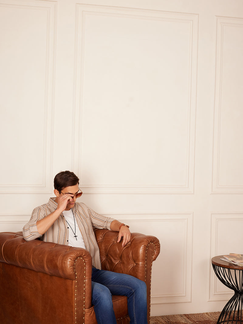Beige: Full Sleeve Button-Down Collar Striped Shirt