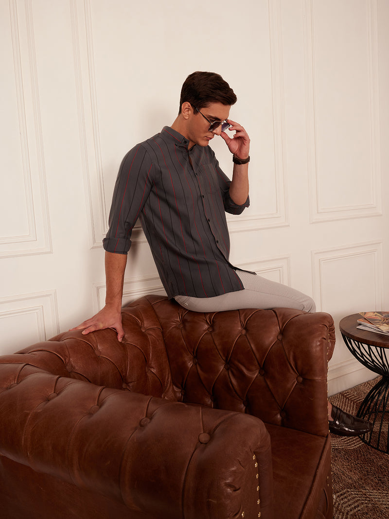 Grey: Full Sleeve Button-Down Collar Striped Shirt