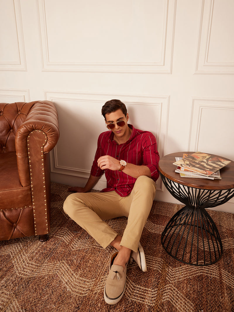 Red: Full Sleeve Button-Down Collar Striped Shirt