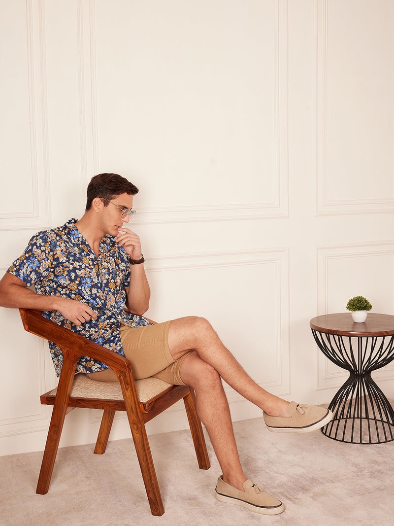 DENNISON Dennison Navy Blue and Beige Color Cuban Collar Shirt