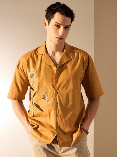 Mustard: Half Sleeves Embroidery Oversized Shirt