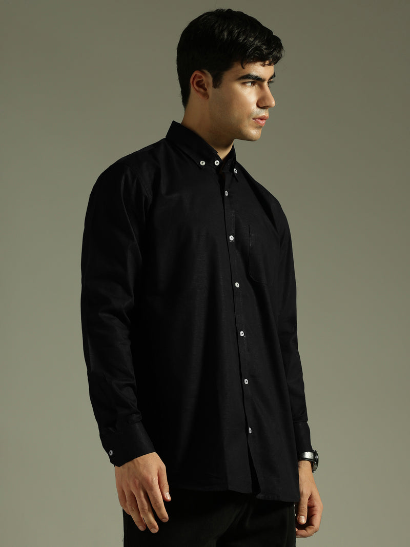 Men Black Smart Slim Fit Solid Twill Weave Cotton Linen Casual Shirt