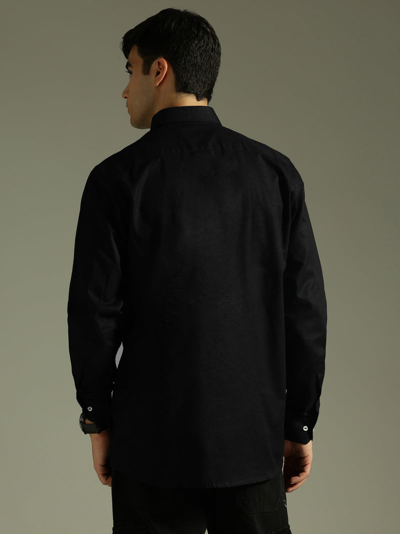 Men Black Smart Slim Fit Solid Twill Weave Cotton Linen Casual Shirt