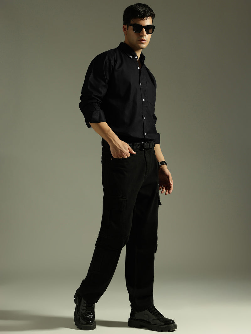 Men Black Smart Slim Fit Solid Twill Weave Cotton Linen Casual Shirt