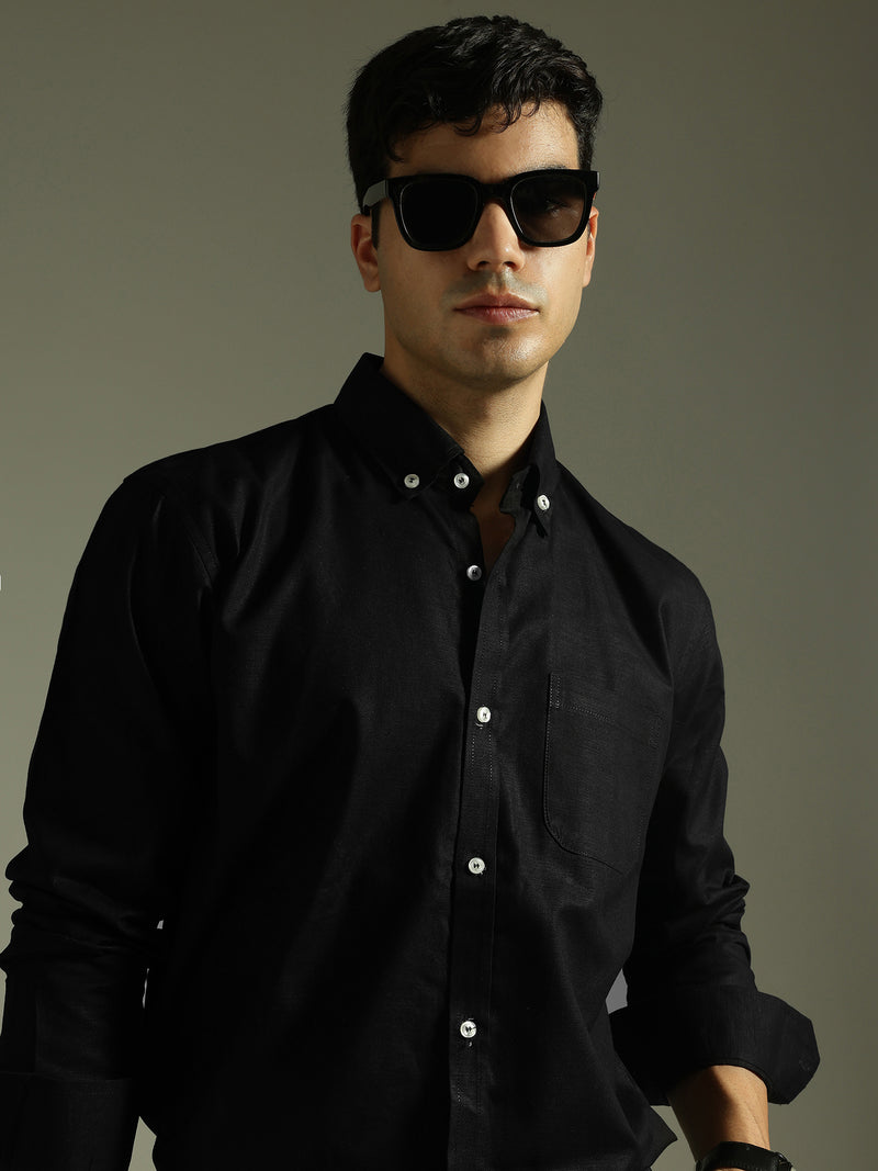Men Black Smart Slim Fit Solid Twill Weave Cotton Linen Casual Shirt