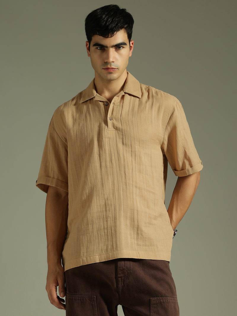 Beige: Half Sleeves Muslin Kurta Shirt