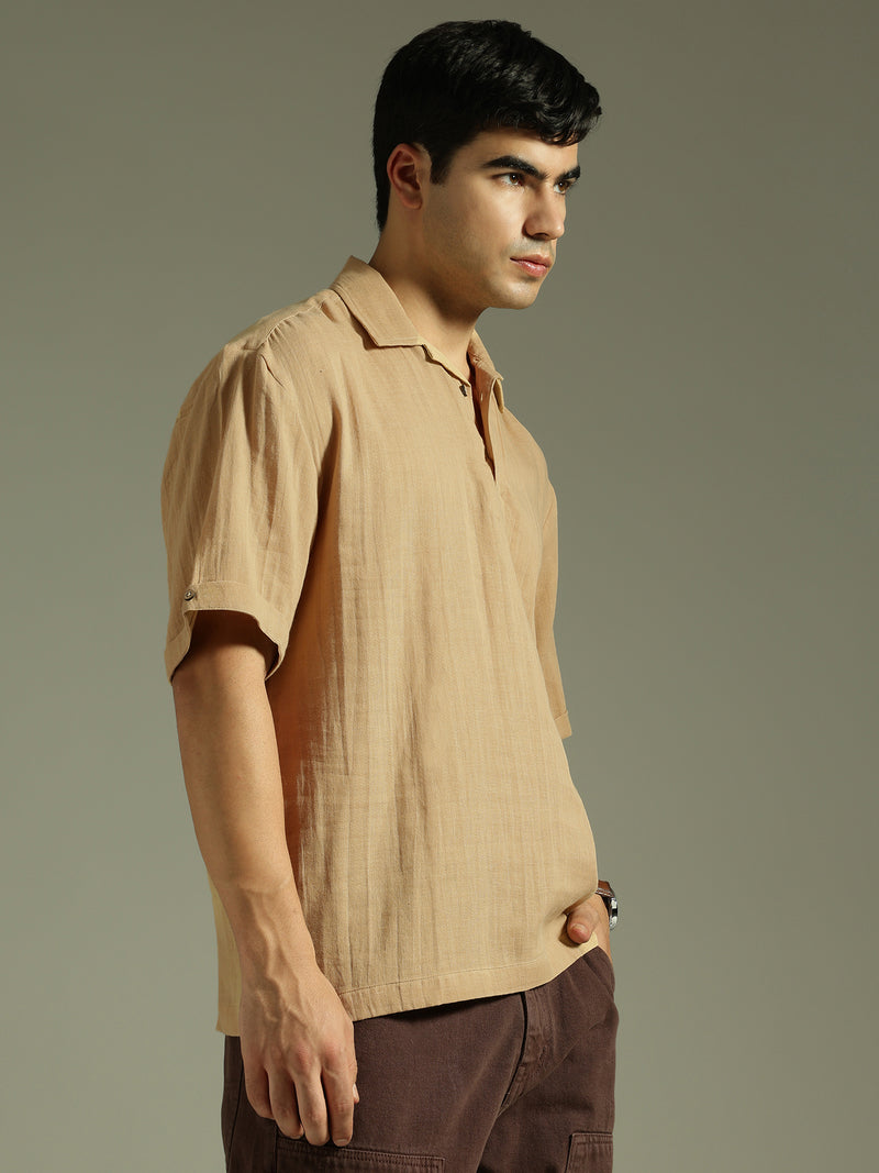 Beige: Half Sleeves Muslin Kurta Shirt