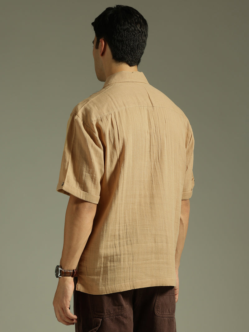 Beige: Half Sleeves Muslin Kurta Shirt