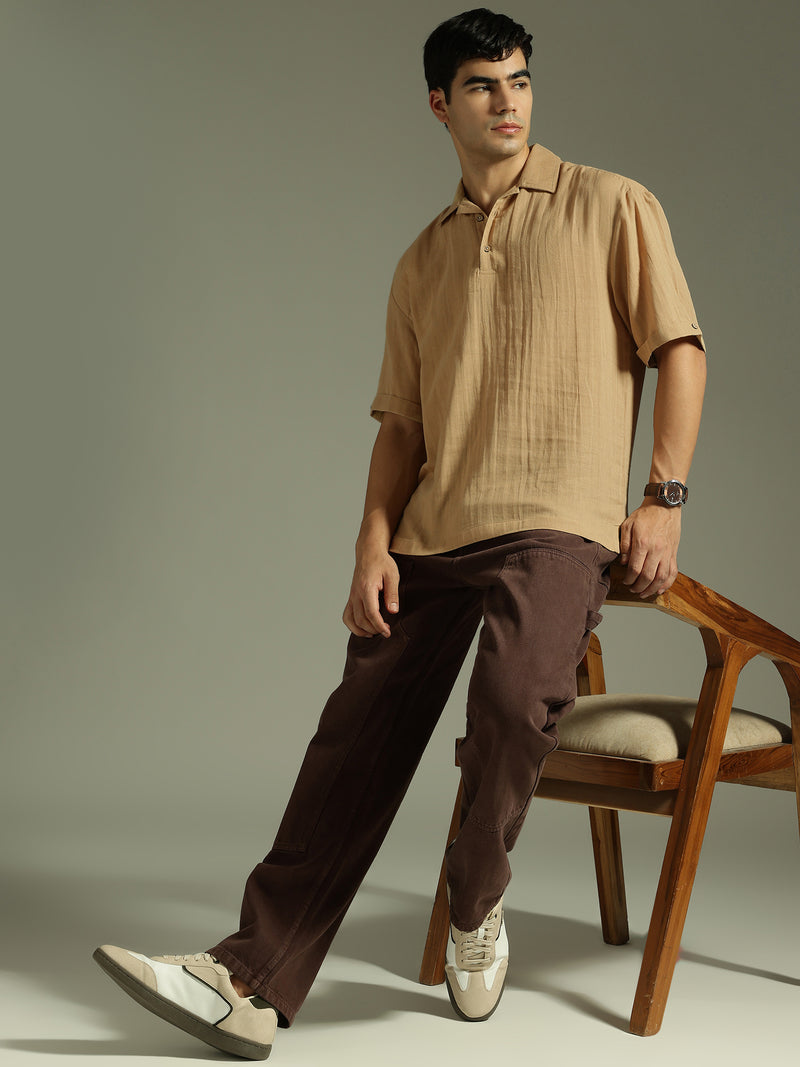 Beige: Half Sleeves Muslin Kurta Shirt