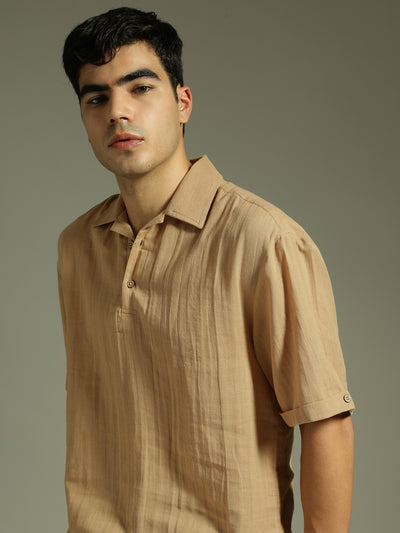 Beige: Half Sleeves Muslin Kurta Shirt