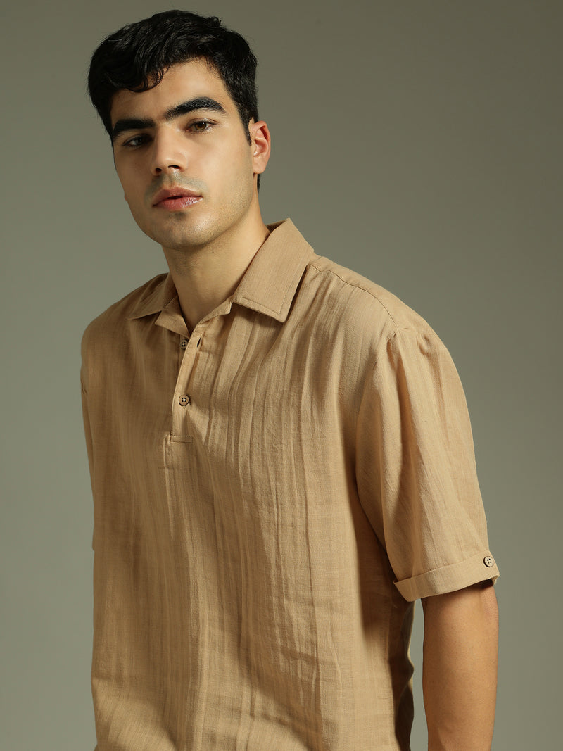 Beige: Half Sleeves Muslin Kurta Shirt