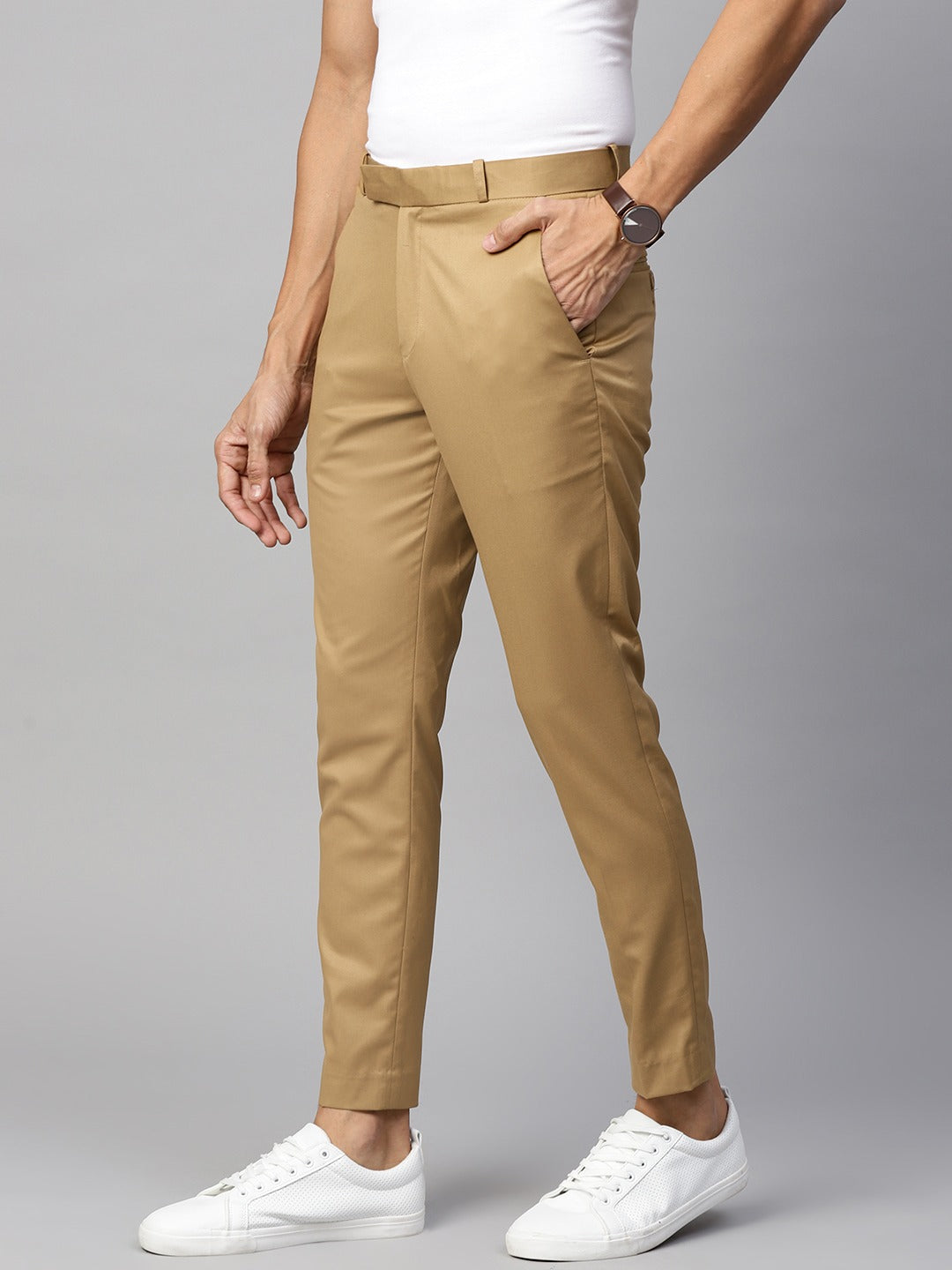 DENNISON Men Beige Smart Tapered Fit Cropped Trousers