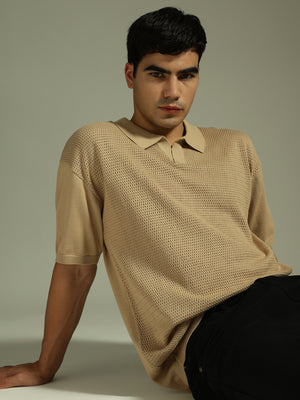 Light Brown: Relaxed Semi Sheer Polo T-Shirt