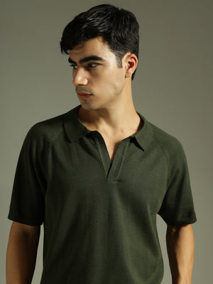 Olive: Relaxed Raglan Sleeves Polo T-Shirt
