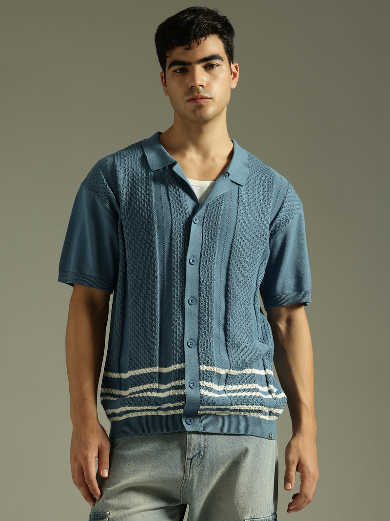 Steel Blue and White: Textured Front Open Knit Shirt