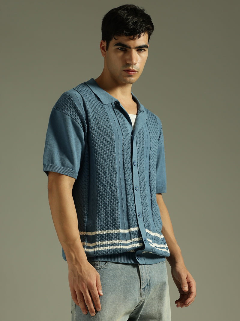 Steel Blue and White: Textured Front Open Knit Shirt
