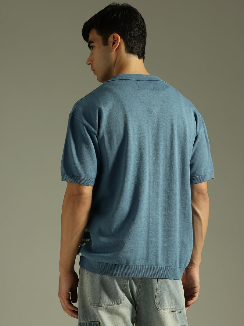 Steel Blue and White: Textured Front Open Knit Shirt