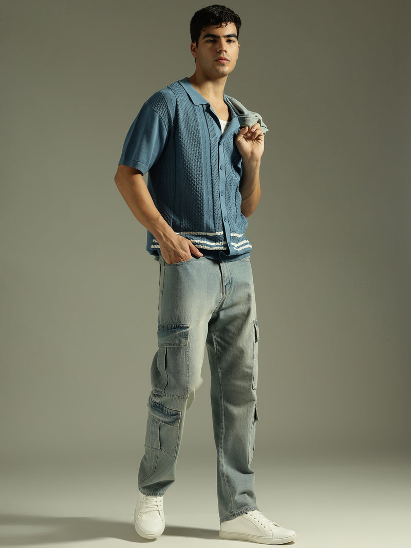 Steel Blue and White: Textured Front Open Knit Shirt