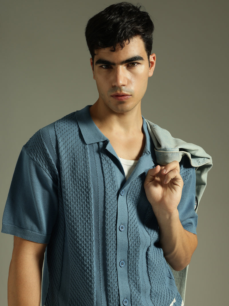 Steel Blue and White: Textured Front Open Knit Shirt