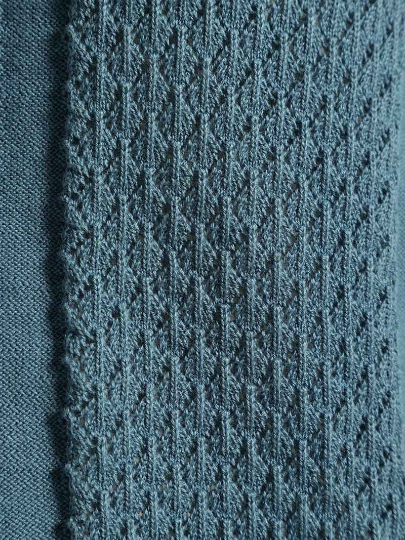 Steel Blue and White: Textured Front Open Knit Shirt