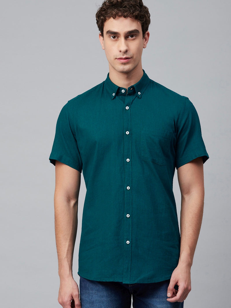 Men Teal Green Smart Slim Fit Solid Cotton Linen Casual Shirt