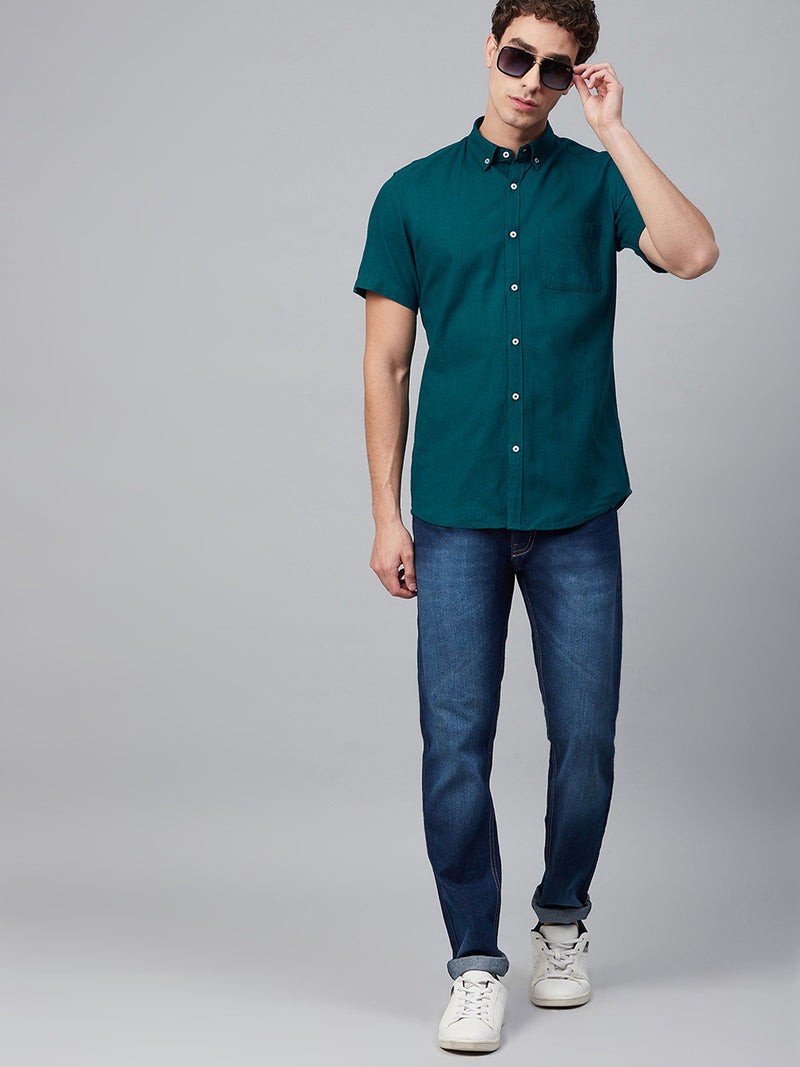 Men Teal Green Smart Slim Fit Solid Cotton Linen Casual Shirt