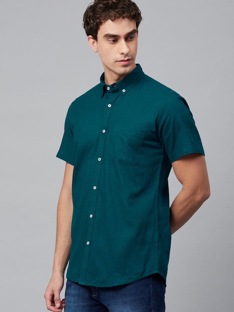 Men Teal Green Smart Slim Fit Solid Cotton Linen Casual Shirt