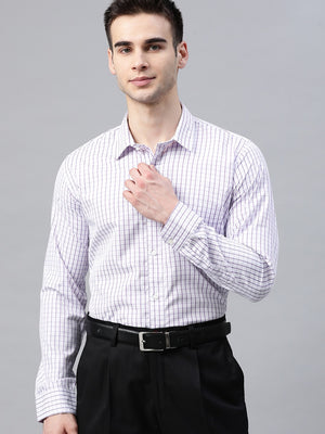 White & Purple: Full Sleeves Grid Tattersall Checks Shirt