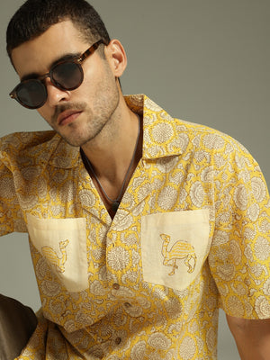 Yellow: Block Printed Oversized Casual Shirt