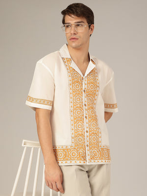 White & Mustard: Half Sleeves Placement Printed Shirt