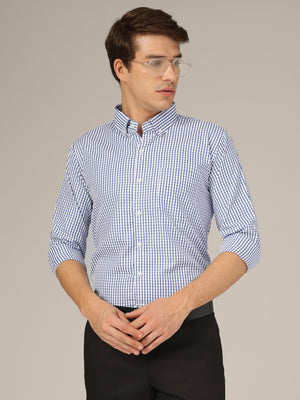White & Blue: Checkered Button-Down Collar Formal Shirt