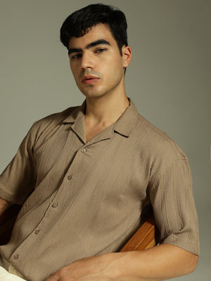 Light Brown: Self Design Oversized Casual Shirt