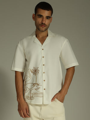 White & Brown: Embroidered Drop Shoulder Oversized Shirt